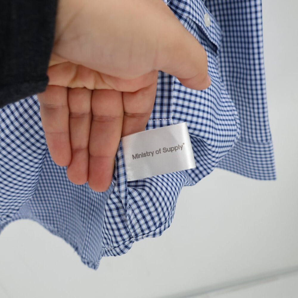 Ministry Of Supply Shirt Mens Large Blue Check Slim Fit Recycled poly Button Up - Picture 7 of 12
